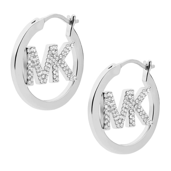 Michael Kors Jewelry - MICHAEL KORS • Silver MK Logo Crystal Pave Hoop Drop Earrings